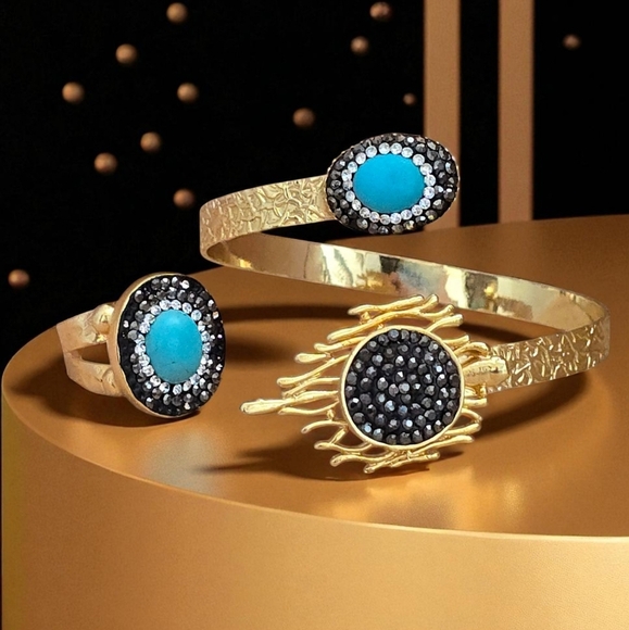 Turkish‎ Artisan 18K Gold Plated Cuff & Ring Set w/ Turquoise & Hematite ✨ - Picture 8 of 14